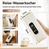 Collage showing a travel electric kettle, its dimensions, and how it is used for travel. Produktbild-Vorschau