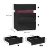 Diagrams showing the dimensions of a black nightstand and its drawers, with LED lighting indicated. Produktbild-Vorschau