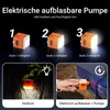A collage of images showing an electric air pump with different light settings, as a night light, and in use to inflate an item. Produktbild-Vorschau