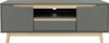 A front view of a gray and wood TV stand with two doors and a drawer. Náhled obrázku produktu