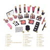 A collection of makeup items arranged on a white background, with numbered labels pointing to each item and a corresponding list of names. Produktbild-Vorschau
