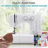 A white sewing machine is shown in front of a window with greenery outside. A small sewing kit with colorful threads and accessories is placed in the foreground. Produktbild-Vorschau