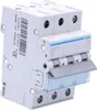 A close-up, angled view of a three-pole circuit breaker mounted on a rail. Produktbild-Vorschau