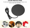 A candle warmer plate with a USB cable, shown with lifestyle images of its use in different settings. Podgląd zdjęcia produktu