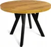 A round dining table with a wooden top and black metal legs. Produktbild-Vorschau