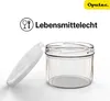 A clear glass jar with a white lid is shown on a white background, with text and a logo in the upper right corner. Produktbild-Vorschau