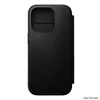 A black leather phone case with a flap is shown from the front. Produktbild-Vorschau