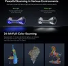 A marketing image showcasing a 3D scanner with different lighting modes and examples of scanned objects. Náhled obrázku produktu