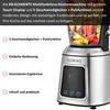 A close-up of a silver and black multi-function kitchen machine with a glass blender jar filled with fruit, placed on a white background. Text describing its features is on the left. Voir les images du produit