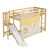 A wooden bunk bed with a slide and a yellow tent-like curtain. Produktbild-Vorschau