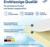 A cross-section of a mattress topper showing its layers, with marketing text and icons overlaid. Produktbild-Vorschau