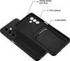 A black phone case is shown from an angled perspective, with labels pointing out its features. Produktbild-Vorschau
