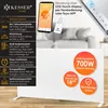 A marketing image showcasing an infrared heater with various features highlighted through text and icons. Produktbild-Vorschau