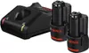 A black battery charger and two black Bosch batteries with red accents are shown on a white background. Produktbild-Vorschau