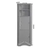 A gray corner cabinet with dimensions indicated by text overlays. Voir les images du produit