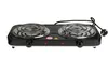 A black electric double burner hot plate is shown from a front-facing, slightly elevated angle against a white background. Náhľad obrázku produktu