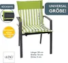A green and white striped cushion on a gray garden chair, with various informational overlays. Produktbild-Vorschau