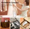 A collage of images showing a portable garment steamer in various settings, including being used on clothes, packed in a bag, and stored in a drawer. Podgląd zdjęcia produktu
