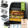 A collage showing a multi-functional air fryer, its various accessories, and a recipe book. The air fryer is open, displaying food on multiple racks. Produktbild-Vorschau