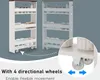 A narrow shelving unit with wheels, shown from two angles, with a close-up of the wheels. Náhľad obrázku produktu