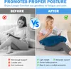 A split image showing a woman sitting on a couch before and after using a U-shaped pillow for posture support. Produktbild-Vorschau