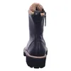 A black boot with fur lining is shown from the back against a white background. Produktbild-Vorschau