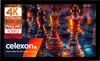 Marketing image for a projection screen, featuring chess pieces and resolution information. Produktbild-Vorschau