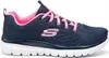 A side view of a navy and pink Skechers sneaker against a white background. Voir les images du produit