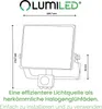 A technical drawing of a LUMILED LED floodlight with dimensions and descriptive text. Náhled obrázku produktu