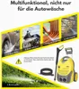 Collage showing different uses of a pressure washer, including car washing, motorcycle washing, furniture cleaning, patio cleaning, and watering plants. A pressure washer unit and accessories are also shown. Produktbild-Vorschau