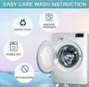 An image showing washing instructions for a product, with icons and text, next to a washing machine. Produktbild-Vorschau