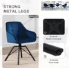 A collage of images showing a blue velvet chair with metal legs, a close-up of the chair's turntable, and a close-up of the chair's foot pad. There is also a small image of multiple chairs around a table. Produktbild-Vorschau