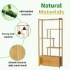 A collage of images showcasing a bamboo shelving unit, highlighting its natural materials, load capacity, and smooth texture. The main image is a product shot of the shelving unit. Produktbild-Vorschau