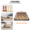 A collage of images showing a wooden chess set, including extra queens, and people playing chess. Produktbild-Vorschau