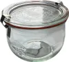 A clear glass jar with a red rubber seal and silver metal clasps, sitting on a white background. Produktbild-Vorschau