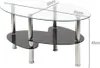 A glass coffee table with a black lower shelf and chrome legs, with dimensions indicated. Produktbild-Vorschau