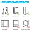 Diagrams showing different types of windows that are compatible with a product, indicated by checkmarks or crosses. Produktbild-Vorschau