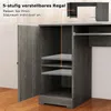 A close-up view of a gray L-shaped computer desk with an open cabinet revealing adjustable shelves. Produktbild-Vorschau