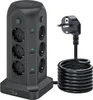 A black power strip tower with multiple outlets and USB ports, along with its coiled power cord and plug, is displayed against a white background. Produktbild-Vorschau