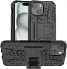 A black iPhone case with a tire tread pattern and a kickstand is shown from multiple angles. Produktbild-Vorschau