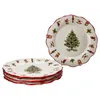 A stack of four Christmas-themed plates with a red scalloped edge and a Christmas tree in the center, surrounded by various Christmas ornaments and figures. Produktbild-Vorschau