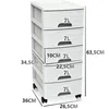 A white plastic rolling drawer unit with five drawers, shown against a white background with dimensions indicated. Produktbild-Vorschau