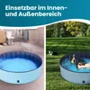 A split image showing a dog pool in a bathroom and a dog pool in a garden with dogs playing. Produktbild-Vorschau