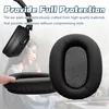 A close-up of headphone ear pads with a blurred background showing a person wearing headphones. Podgląd zdjęcia produktu