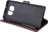 A brown leather flip case for a smartphone is shown open, revealing the black inner holder for the phone. Produktbild-Vorschau