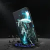 A wallet-style phone case with a wolf design is shown at an angle, seemingly falling or being dropped, with debris around it. Produktbild-Vorschau