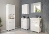 A modern bathroom vanity set with a sink, mirror, and storage cabinets against a geometric patterned wall. Podgląd zdjęcia produktu