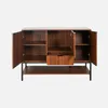 A wooden sideboard with its doors and drawer open, displayed against a white background. Produktbild-Vorschau