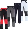 Four pairs of work pants in different color combinations are displayed side-by-side against a white background. Produktbild-Vorschau