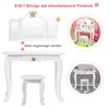 A collage of images showing a white children's vanity table and stool set from different angles and in different contexts. Podgląd zdjęcia produktu